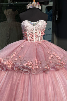 Tiered Tulle Pink Strapless Corset Quinceanera Dress with Ruffles