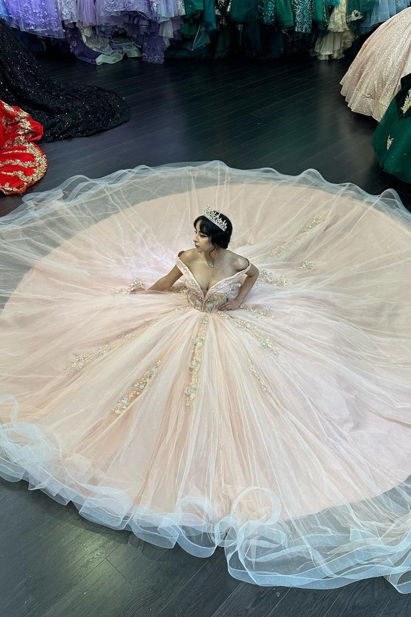 Load image into Gallery viewer, Off The Shoulder Sparkly Blush Tulle Beaded Ball Gown with Appliques