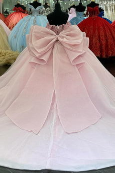 Beaded Corset Sparkly Pink Off The Shoulder Long Ball Gown with Bow