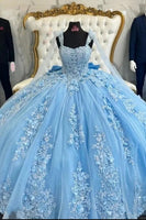 Load image into Gallery viewer, Floral Appliques Light Blue Tulle Spaghetti Straps Long Ball Gown with Bow Back