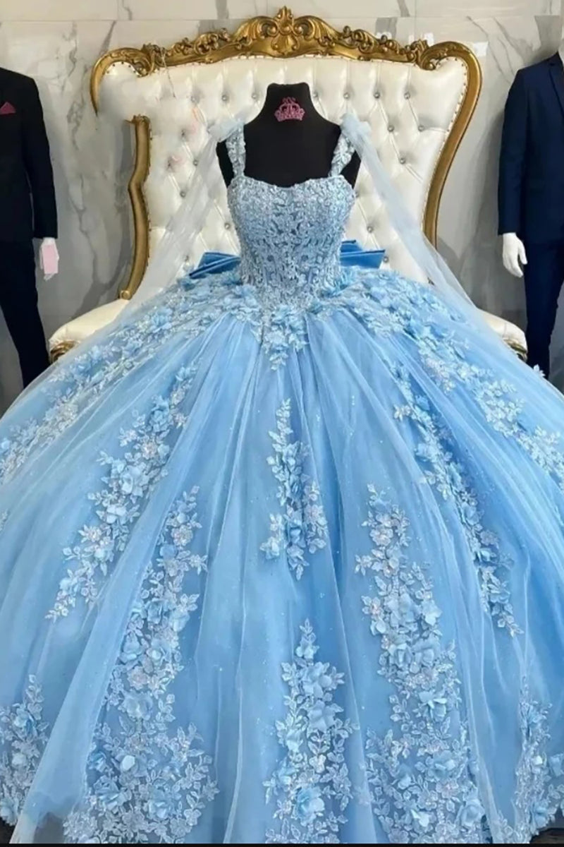 Load image into Gallery viewer, Floral Appliques Light Blue Tulle Spaghetti Straps Long Ball Gown with Bow Back