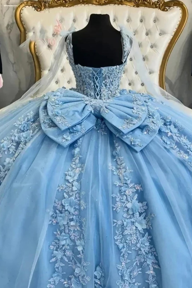 Load image into Gallery viewer, Floral Appliques Light Blue Tulle Spaghetti Straps Long Ball Gown with Bow Back