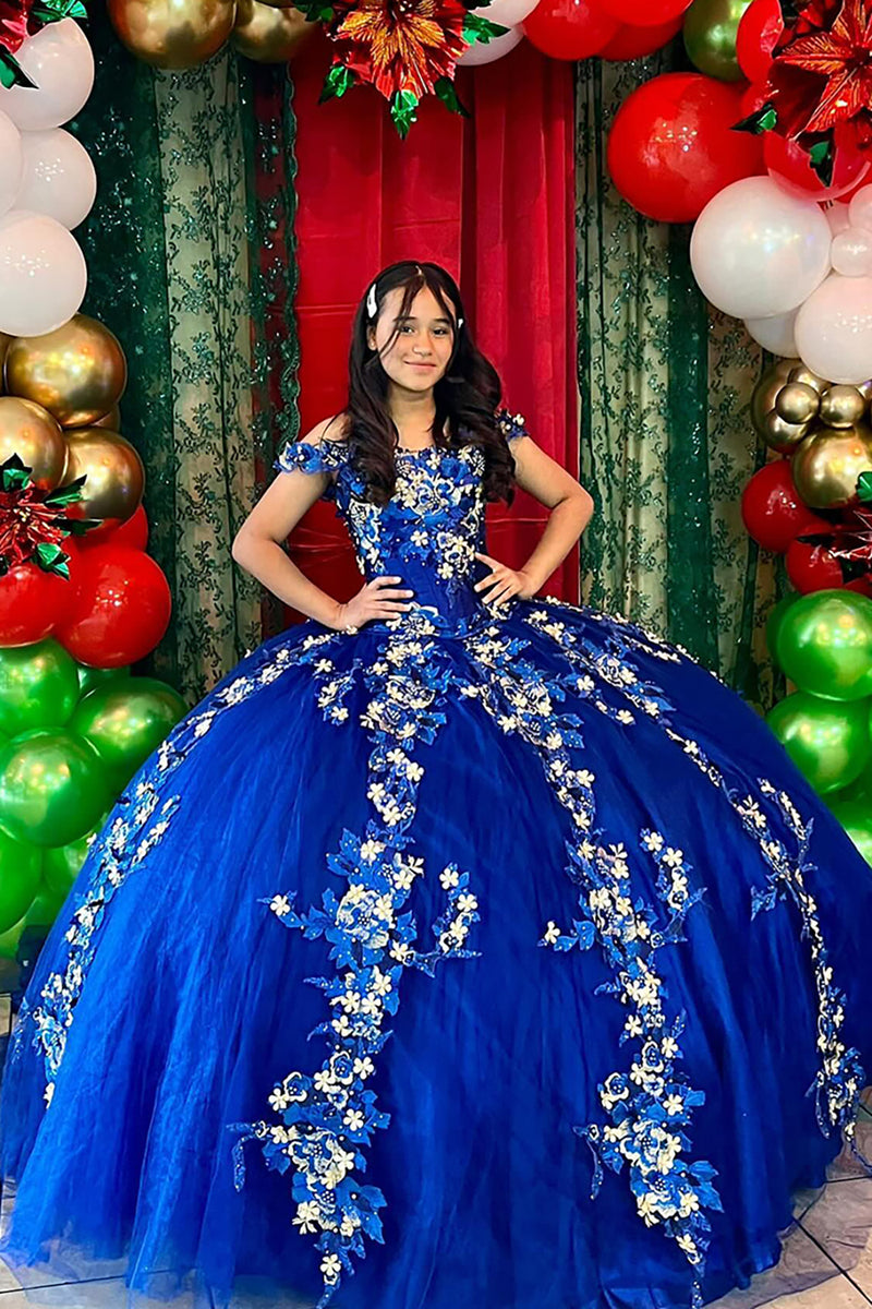 Load image into Gallery viewer, Sparkly Appliques Royal Blue Off the Shoulder Long Ball Gown