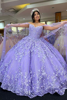 Purple Off The Shoulder Tulle Quinceanera Dress with Butterfly Appliques