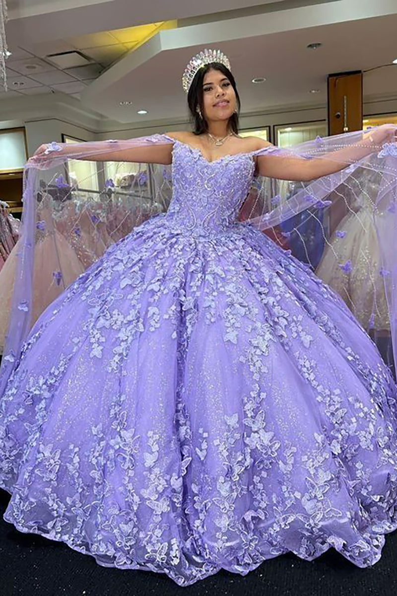 Load image into Gallery viewer, Purple Off The Shoulder Tulle Quinceanera Dress with Butterfly Appliques