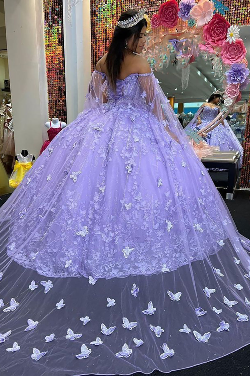 Load image into Gallery viewer, Purple Off The Shoulder Tulle Quinceanera Dress with Butterfly Appliques