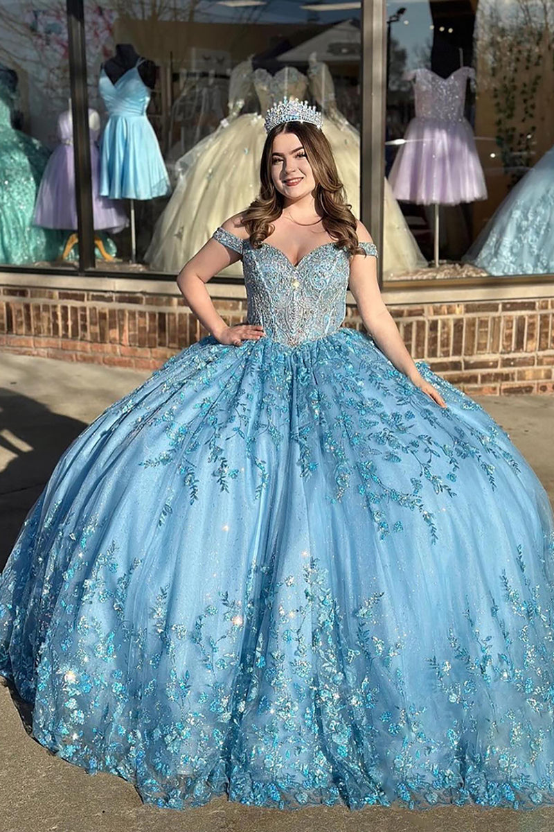 Load image into Gallery viewer, Off The Shoulder Blue Glitter Appliques Quinceanera Dress with Beaded