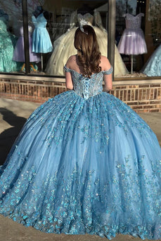 Off The Shoulder Blue Glitter Appliques Quinceanera Dress with Beaded
