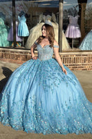 Load image into Gallery viewer, Off The Shoulder Blue Glitter Appliques Quinceanera Dress with Beaded