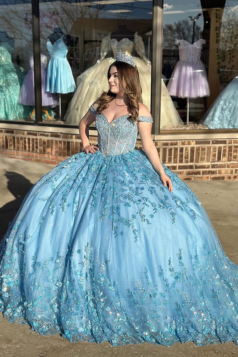Load image into Gallery viewer, Off The Shoulder Blue Glitter Appliques Quinceanera Dress with Beaded