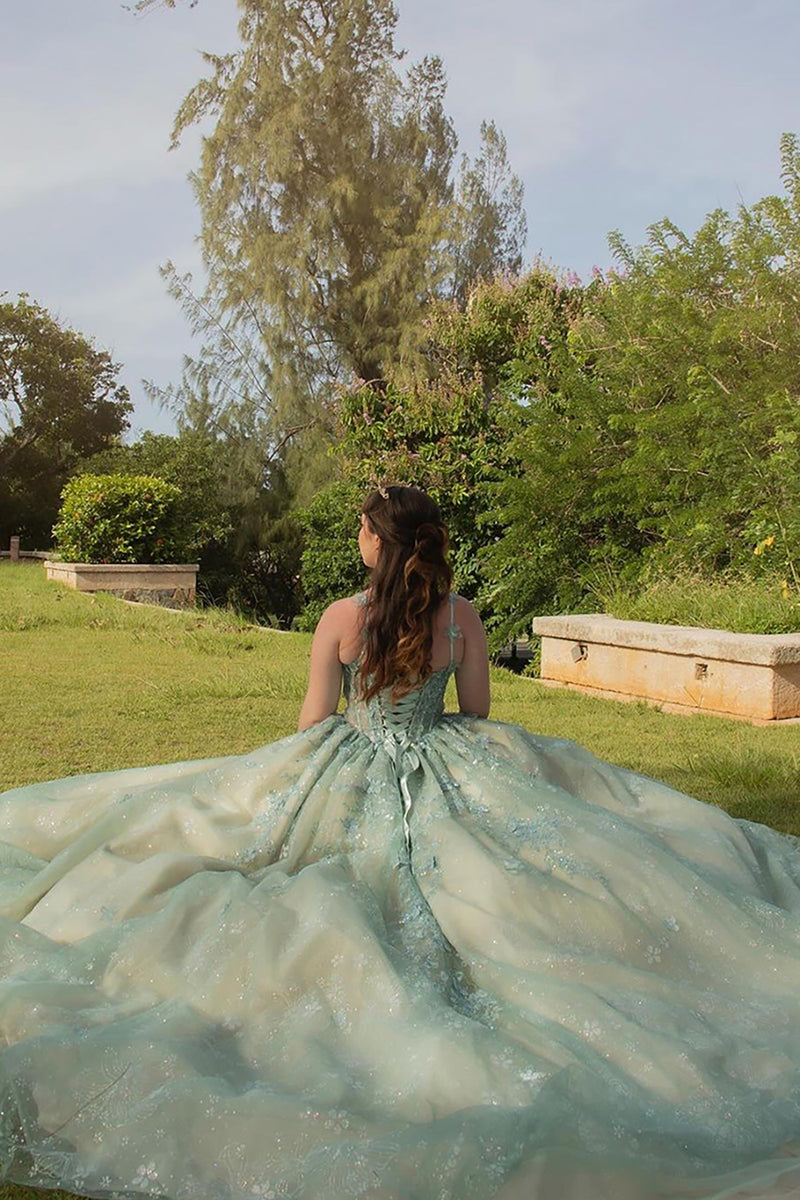 Load image into Gallery viewer, Spaghetti Straps Tulle Corset Dusty Sage Ball Gown with Appliques