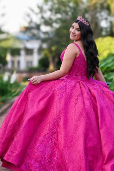 Fuchsia Beaded Spaghetti Straps Long Ball Gown with Floral Appliques
