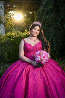 Load image into Gallery viewer, Fuchsia Beaded Spaghetti Straps Long Ball Gown with Floral Appliques