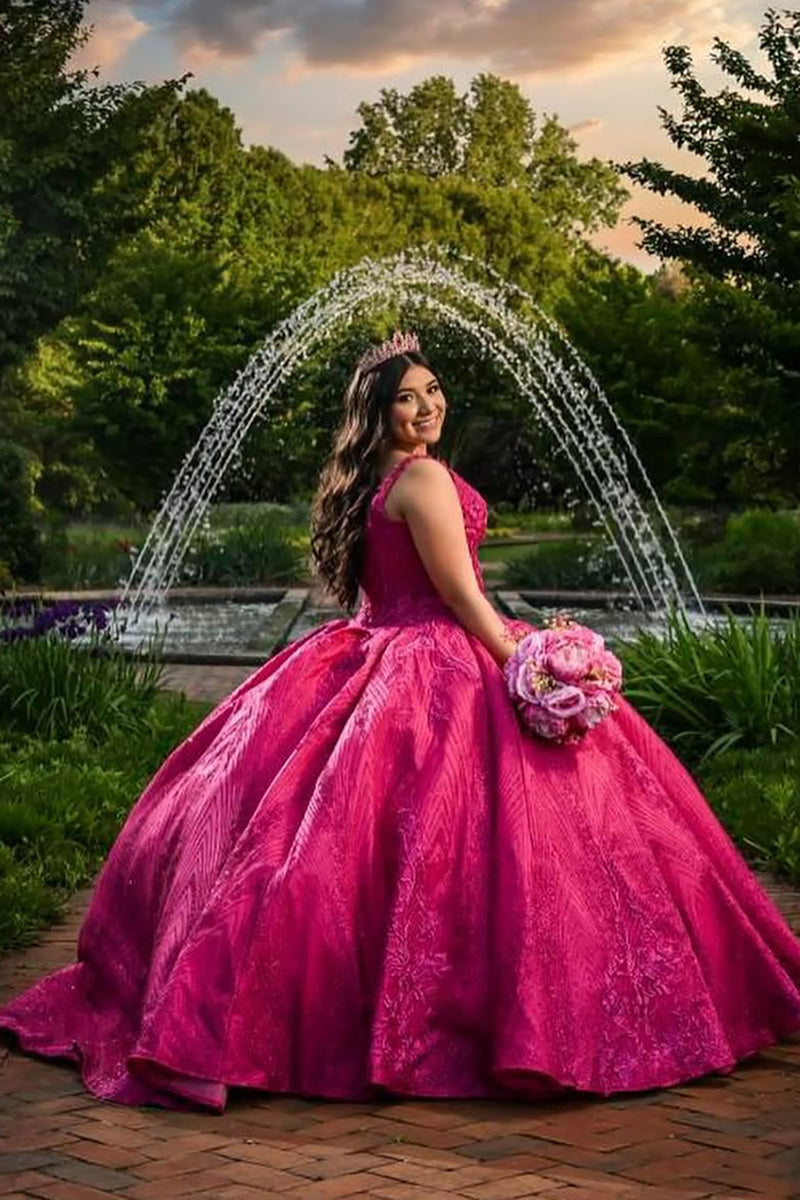 Load image into Gallery viewer, Fuchsia Beaded Spaghetti Straps Long Ball Gown with Floral Appliques