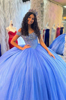 Load image into Gallery viewer, Sparkly Blue Pleated Tulle Long Corset Quinceanera Dress with Off the Shoulder