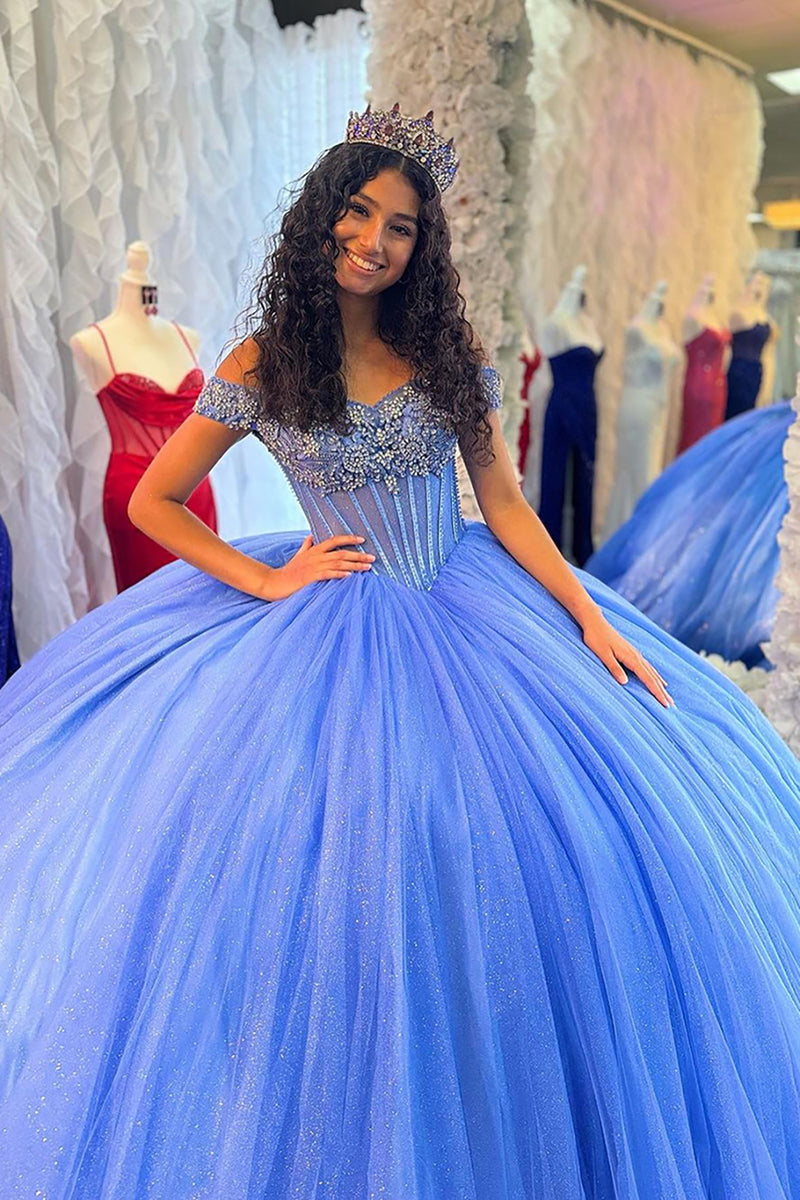 Load image into Gallery viewer, Sparkly Blue Pleated Tulle Long Corset Quinceanera Dress with Off the Shoulder