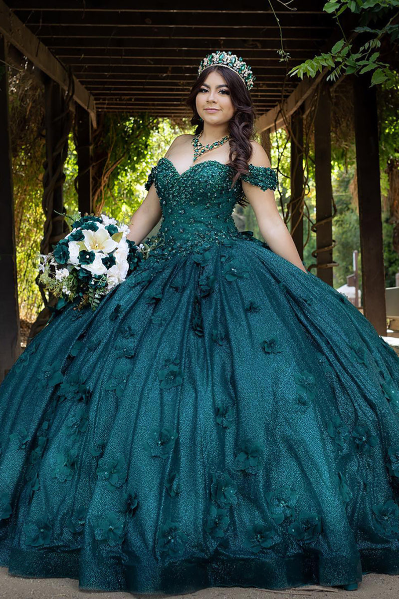 Load image into Gallery viewer, Sparkly Dark Green Off the Shoulder Floral Appliques Ball Gown with beaded