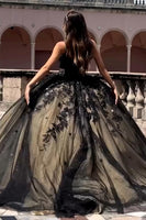 Load image into Gallery viewer, Spaghetti Straps Black Tulle Long Ball Gown with Appliques
