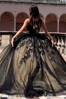 Spaghetti Straps Black Tulle Long Ball Gown with Appliques