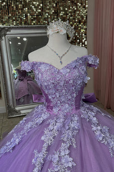 Purple Tulle Floral Off the Shoulder Long Ball Gown with Appliques