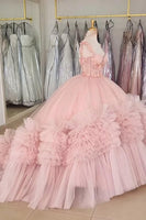 Load image into Gallery viewer, Corset Pink Appliques Off The Shoulder Tulle Quinceanera Dress with Ruffle