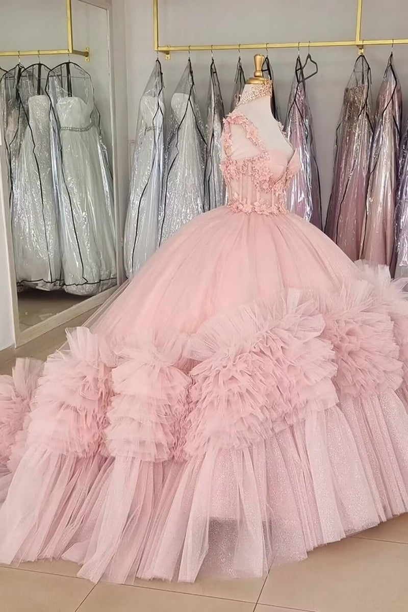 Load image into Gallery viewer, Corset Pink Appliques Off The Shoulder Tulle Quinceanera Dress with Ruffle