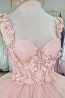 Load image into Gallery viewer, Corset Pink Appliques Off The Shoulder Tulle Quinceanera Dress with Ruffle