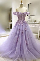 Load image into Gallery viewer, Off the Shoulder Floral Appliques Lilac Tulle Long Quinceanera Dress