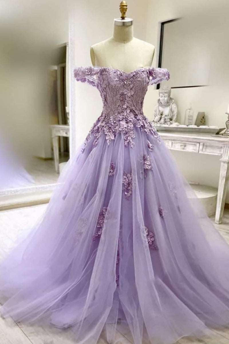 Load image into Gallery viewer, Off the Shoulder Floral Appliques Lilac Tulle Long Quinceanera Dress