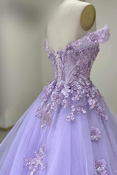 Off the Shoulder Floral Appliques Lilac Tulle Long Quinceanera Dress