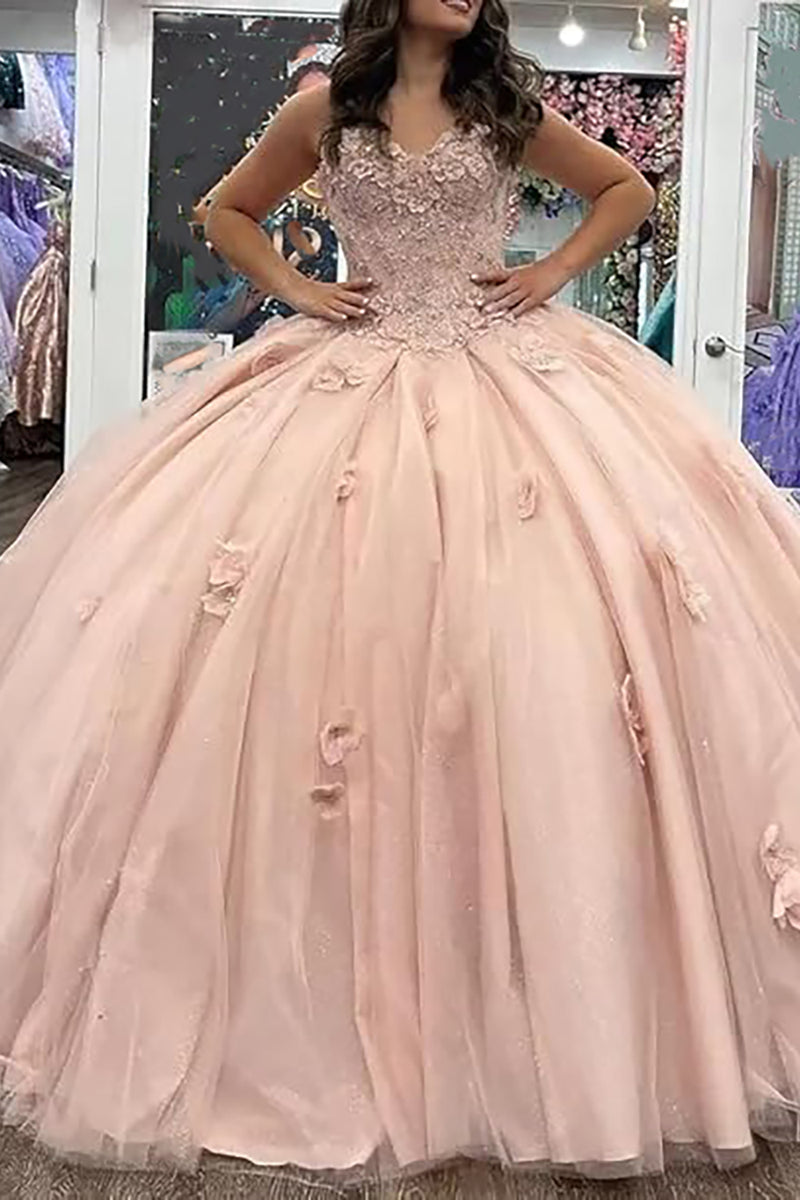 Load image into Gallery viewer, Pink Floral Appliques Strapless Long Quinceanera Dress