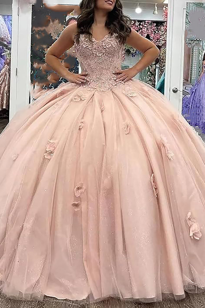 PINK BALL GOWN WITH FLORAL APPLIQUE
