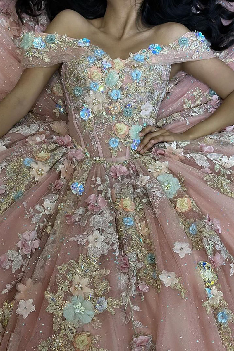 Load image into Gallery viewer, Sparkly Floral Appliques Beaded Corset Pink Ball Gown with Off the Shoulder