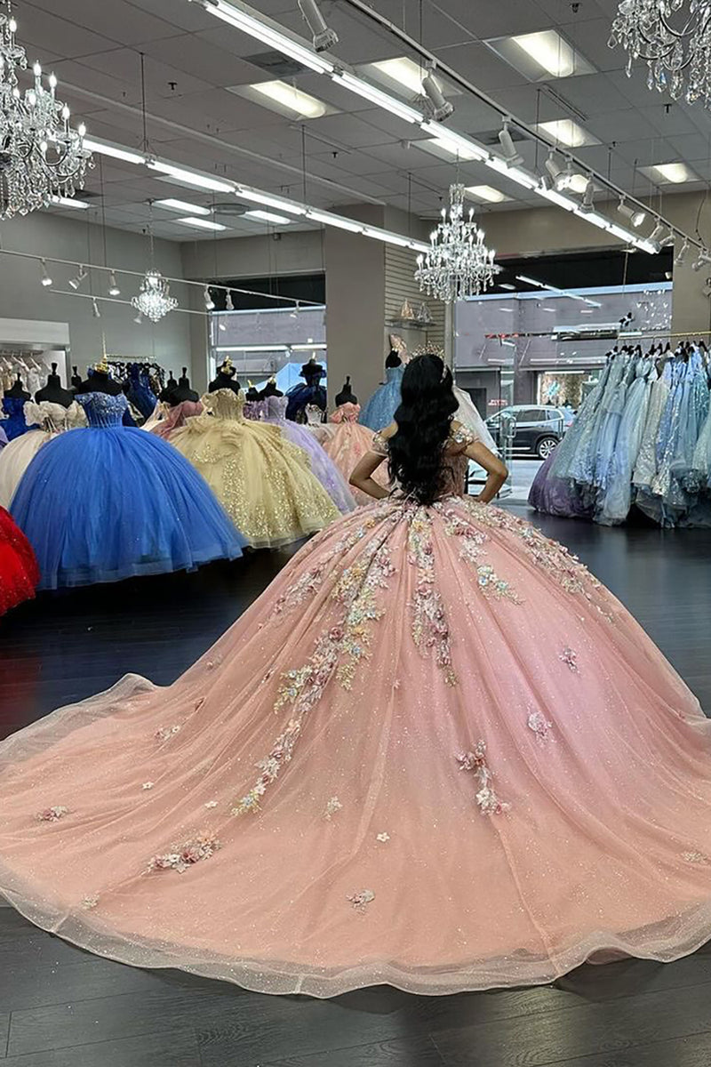 Load image into Gallery viewer, Sparkly Floral Appliques Beaded Corset Pink Ball Gown with Off the Shoulder