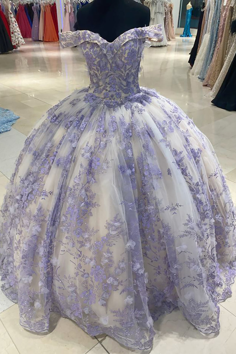 Load image into Gallery viewer, Off the Shoulder Lilac Appliques Tulle Long Princess Ball Gown