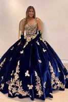 Load image into Gallery viewer, Sparkly Navy Off the Shoulder Sequined Appliques Velvet Quinceanera Dress with Cape