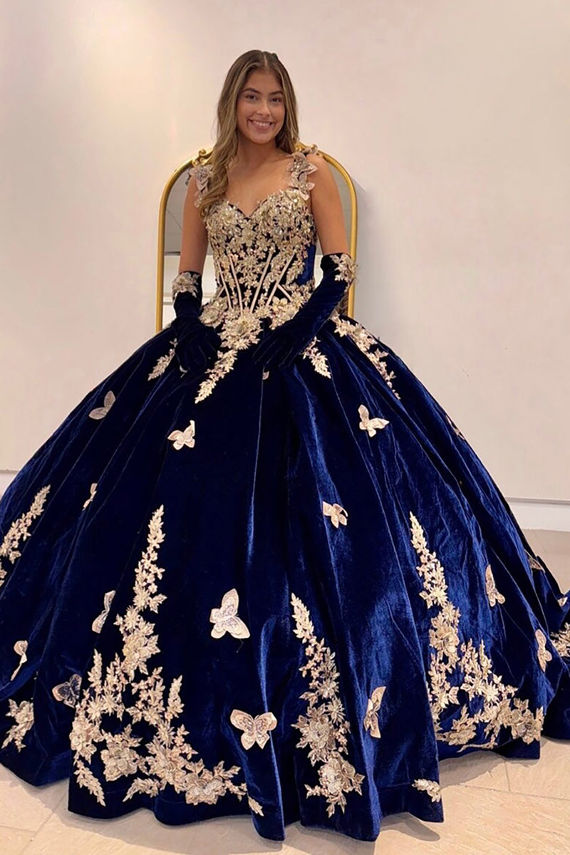 Load image into Gallery viewer, Sparkly Navy Off the Shoulder Sequined Appliques Velvet Quinceanera Dress with Cape