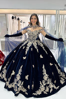 Load image into Gallery viewer, Sparkly Navy Off the Shoulder Sequined Appliques Velvet Quinceanera Dress with Cape