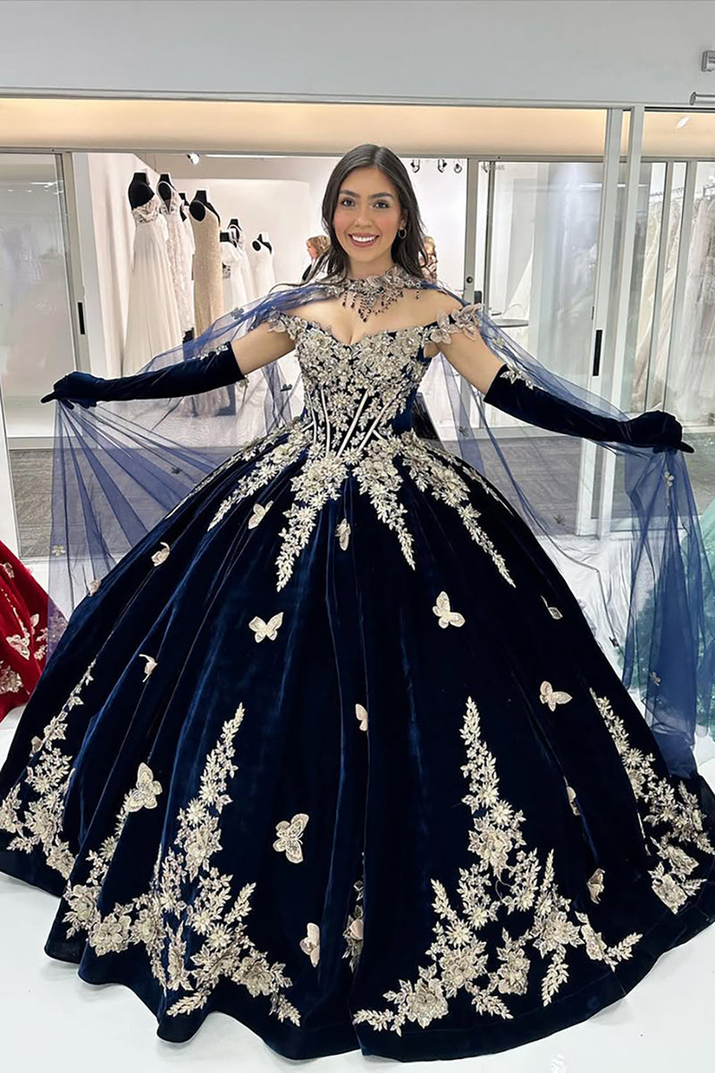 Load image into Gallery viewer, Sparkly Navy Off the Shoulder Sequined Appliques Velvet Quinceanera Dress with Cape