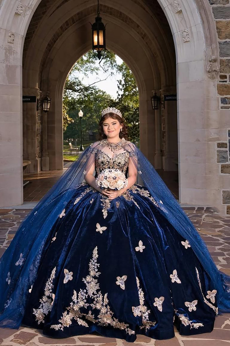Load image into Gallery viewer, Sparkly Navy Off the Shoulder Sequined Appliques Velvet Quinceanera Dress with Cape