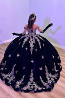 Load image into Gallery viewer, Sparkly Navy Off the Shoulder Sequined Appliques Velvet Quinceanera Dress with Cape
