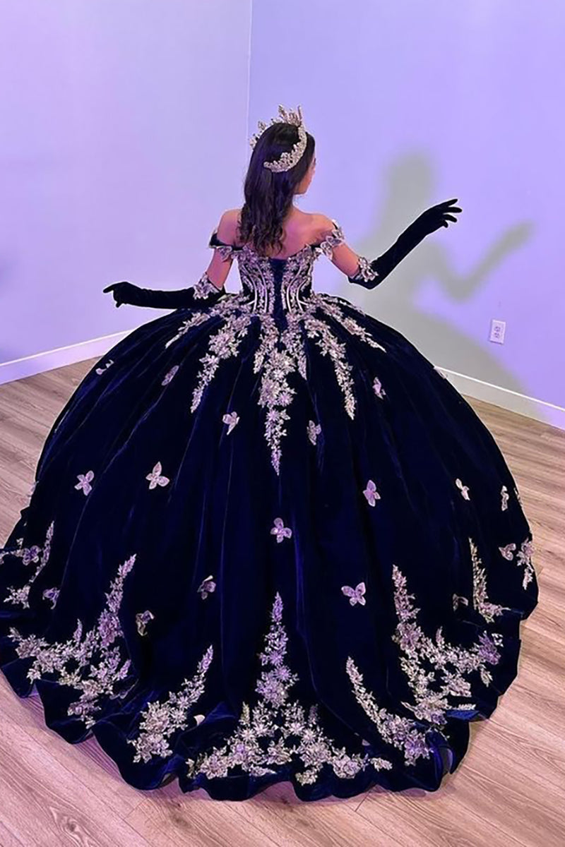 Load image into Gallery viewer, Sparkly Navy Off the Shoulder Sequined Appliques Velvet Quinceanera Dress with Cape