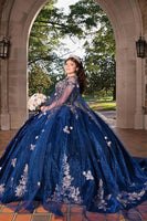 Load image into Gallery viewer, Sparkly Navy Off the Shoulder Sequined Appliques Velvet Quinceanera Dress with Cape
