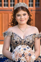 Load image into Gallery viewer, Sparkly Navy Off the Shoulder Sequined Appliques Velvet Quinceanera Dress with Cape