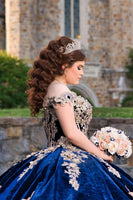 Load image into Gallery viewer, Sparkly Navy Off the Shoulder Sequined Appliques Velvet Quinceanera Dress with Cape