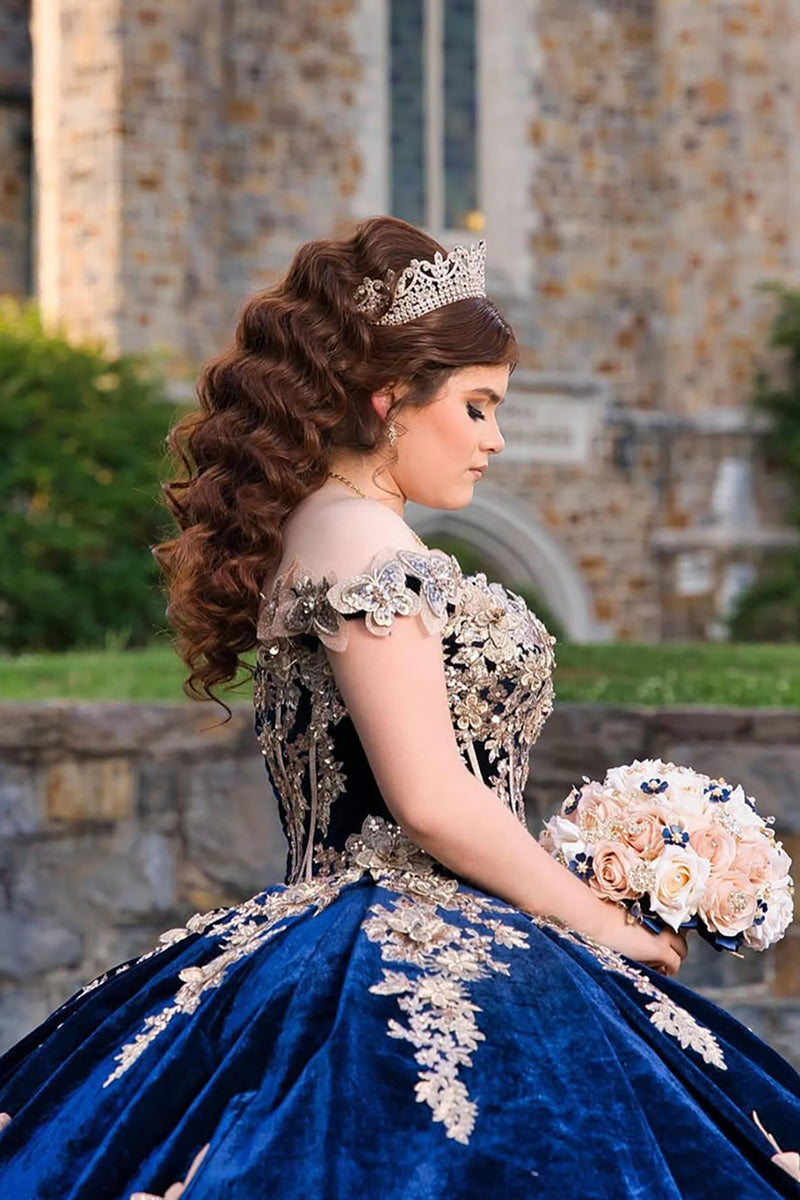 Load image into Gallery viewer, Sparkly Navy Off the Shoulder Sequined Appliques Velvet Quinceanera Dress with Cape