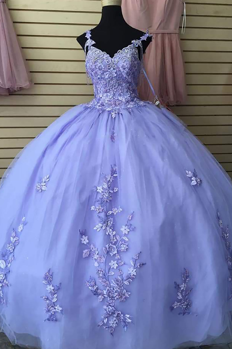 Load image into Gallery viewer, Lilac Spaghetti Straps Appliques Sequined Tulle Long Quinceanera Dress