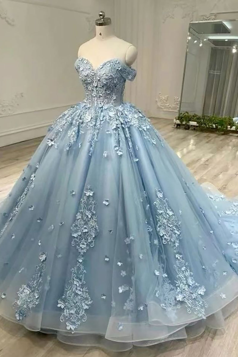 Load image into Gallery viewer, Sparkly Blue Off the Shoulder Appliques Tulle Princess Quinceanera Dress with Sequins