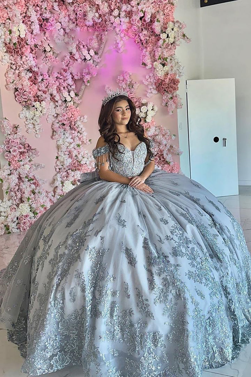 Load image into Gallery viewer, Sparkly Silver Grey Off the Shoulder Sequined Appliques Tulle Quinceanera Dress with Tassels