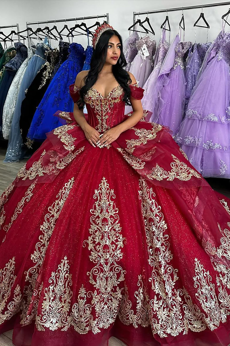 Load image into Gallery viewer, Sparkly Red Sequined Appliques Off the Shoulder Quinceanera Dress with Ruffles